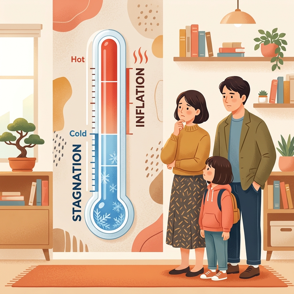 スタグフレーションの体温計と家族のイラスト