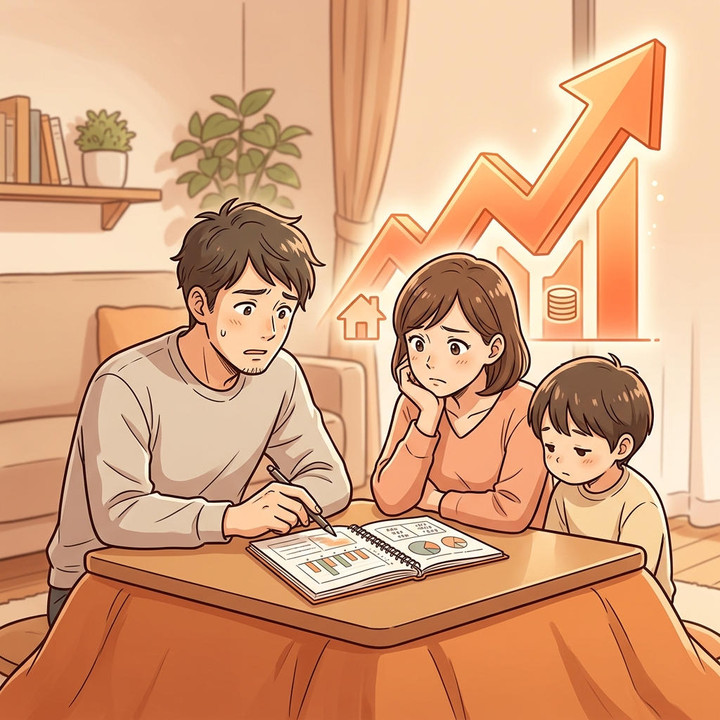 家計簿と金利上昇の矢印を見る家族のイラスト