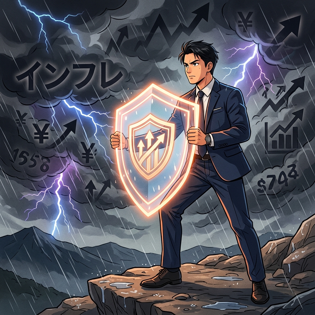 嵐の海を安全なヨットで航海し、遠くの光り輝く島を目指す家族のイラスト