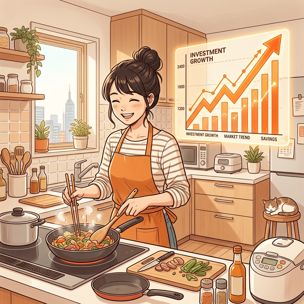 キッチンで楽しそうに料理をする女性と、背景に浮かび上がる投資成長を示す右肩上がりのチャートのイラスト