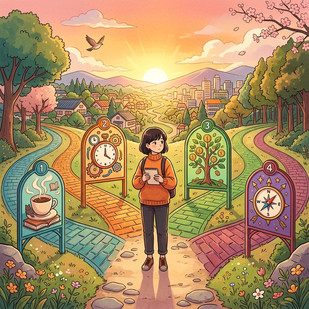 FIREの分岐路に立つ人と複数の道のイラスト