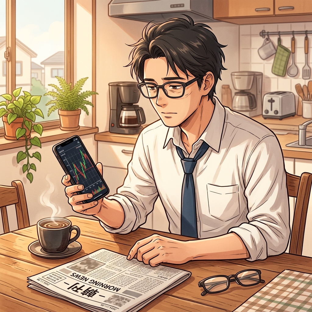朝のキッチンでスマホの株価チャートを見るビジネスパーソンのイラスト