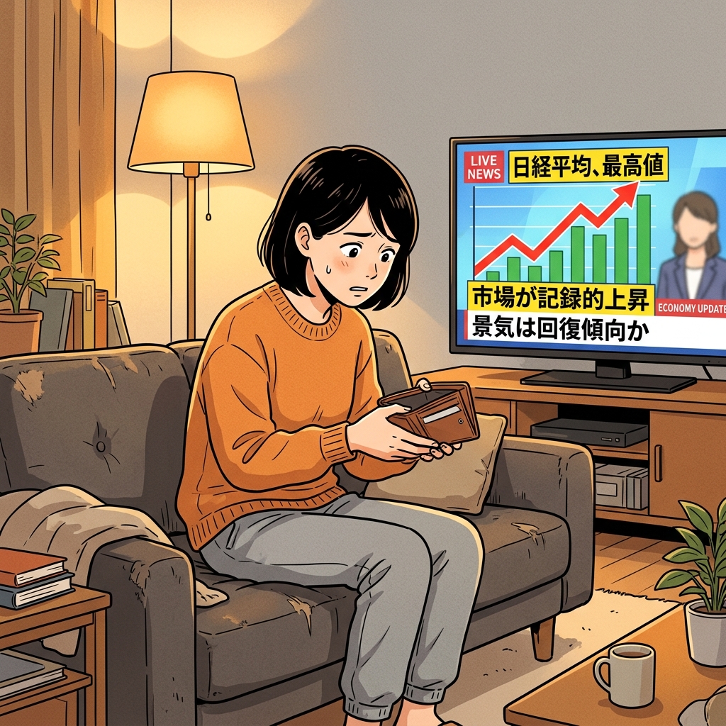 日経平均の最高値と現実のギャップに悩む人のイラスト