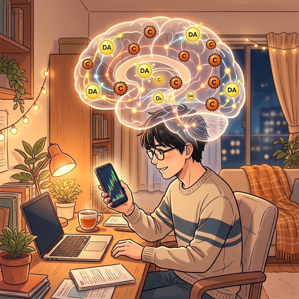 スマホで株価を確認する人の脳内でドーパミンとコルチゾールが渦巻くイラスト