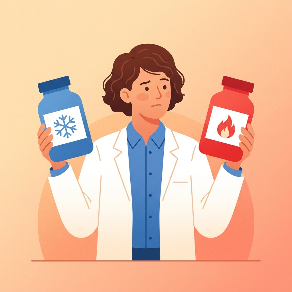 風邪と高熱の薬を両手に持つ医者のイラスト