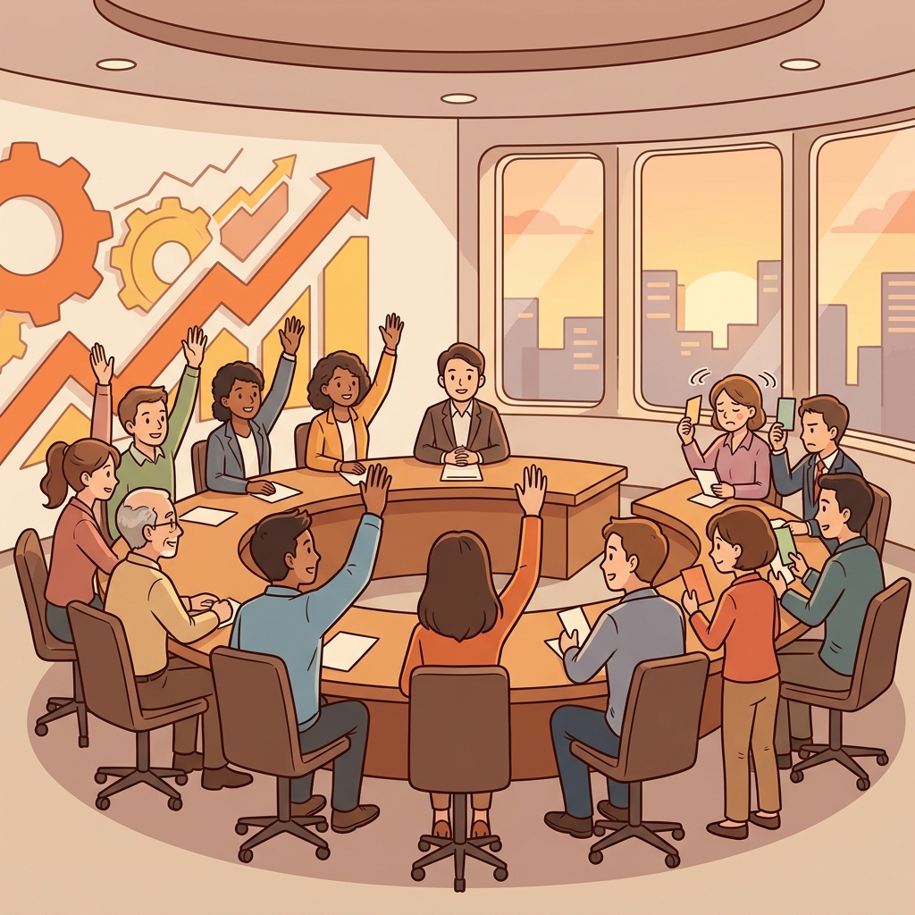 会議室で賛成・反対の多数決をとっているイラスト