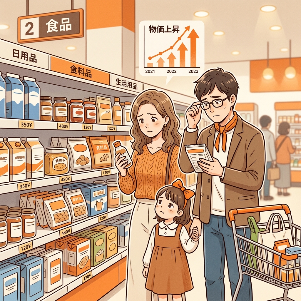 スーパーマーケットの空の棚と、上がり続ける価格表を見つめる困惑した親子のイラスト