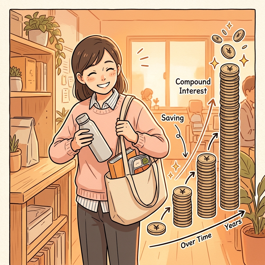 マイボトルをカバンに入れる女性と、時間とともに積み上がるコインの複利効果のイラスト