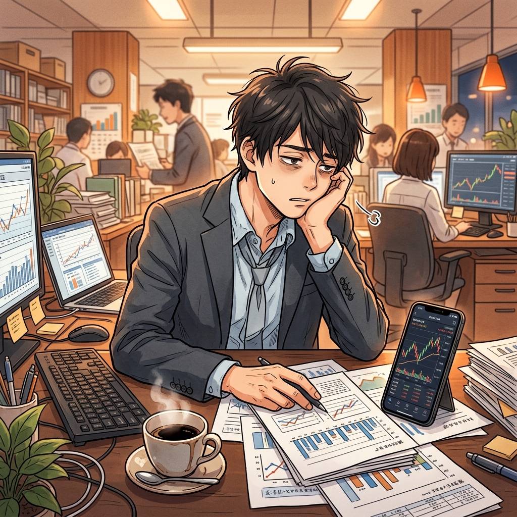 チャートに囲まれ疲弊するオフィスワーカーのイラスト