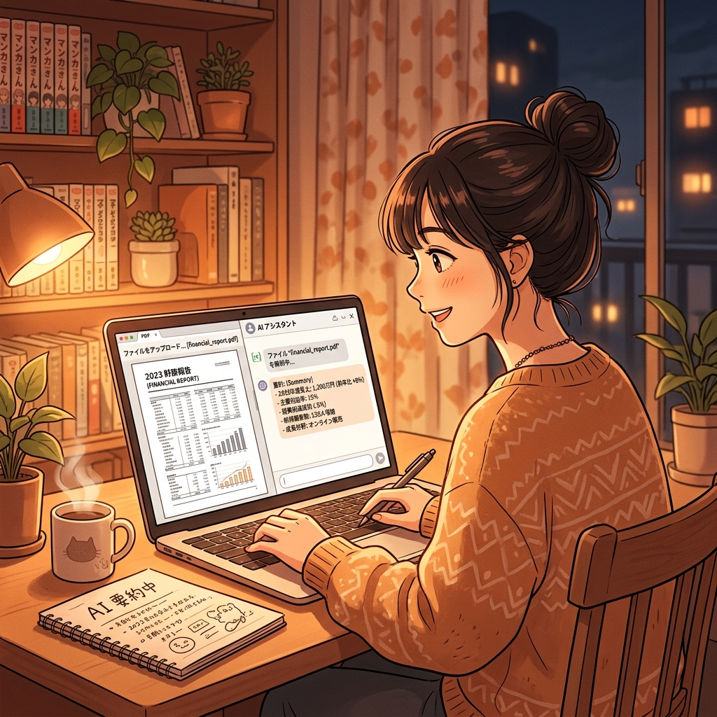 決算書PDFをAIにアップロードして要約してもらう人のイラスト