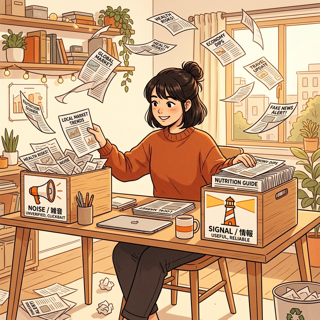 ノイズとシグナルに情報を仕分ける人のイラスト