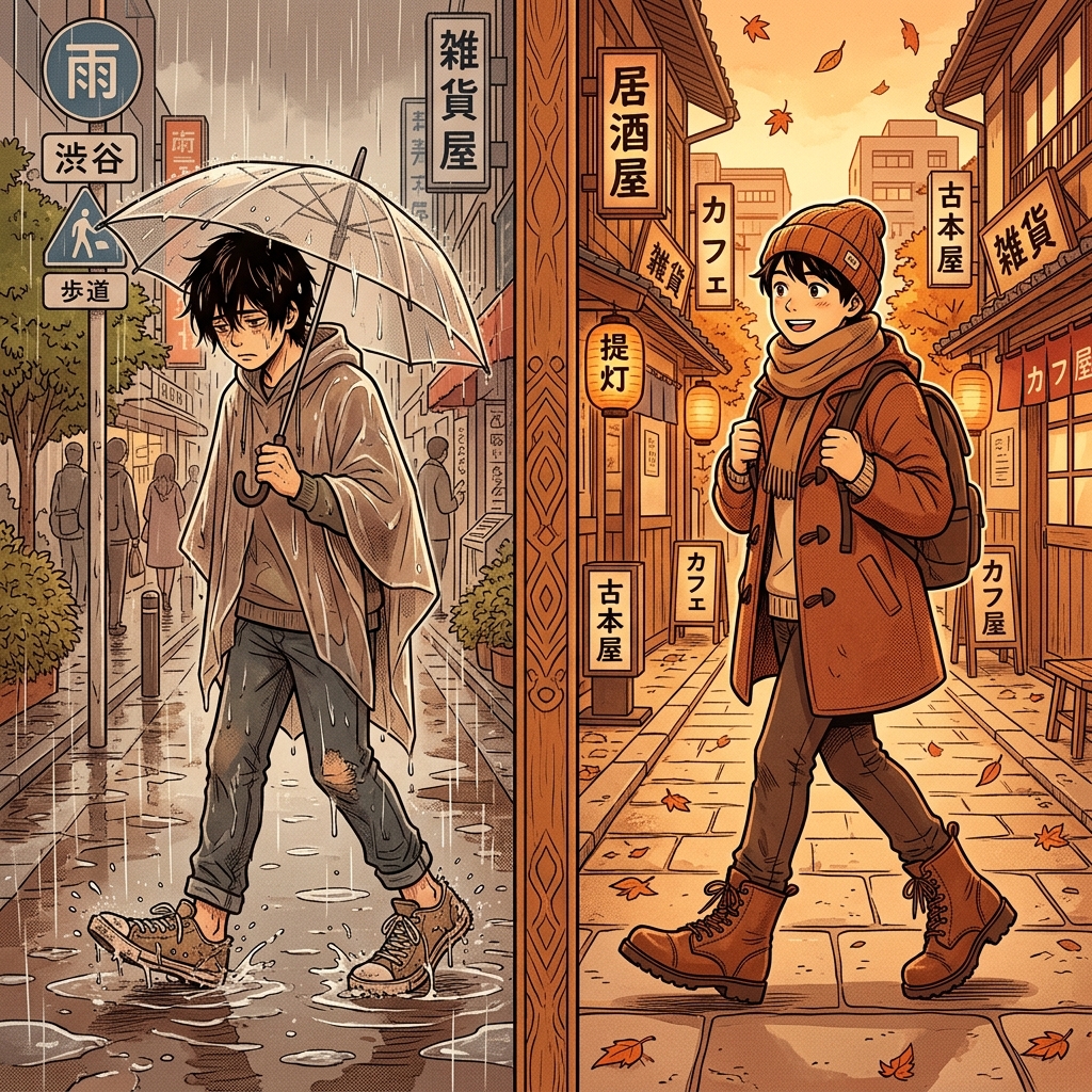 安い靴と丈夫なブーツを比較する人のイラスト