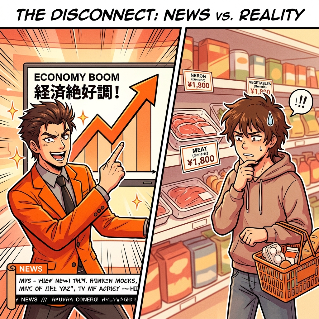 TVの好景気ニュースとスーパーで悩む人の対比イラスト