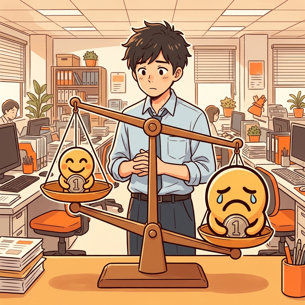 利益の喜びと損失の痛みの非対称性を天秤で表現したイラスト