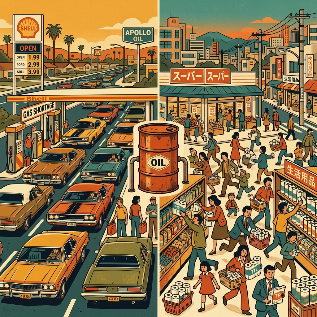 アメリカのガソリン行列と日本のトイレットペーパー騒動のイラスト