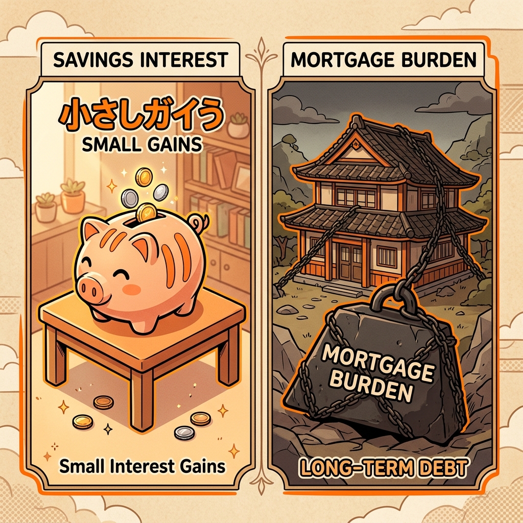 小さな貯金箱と重い住宅ローンの対比イラスト