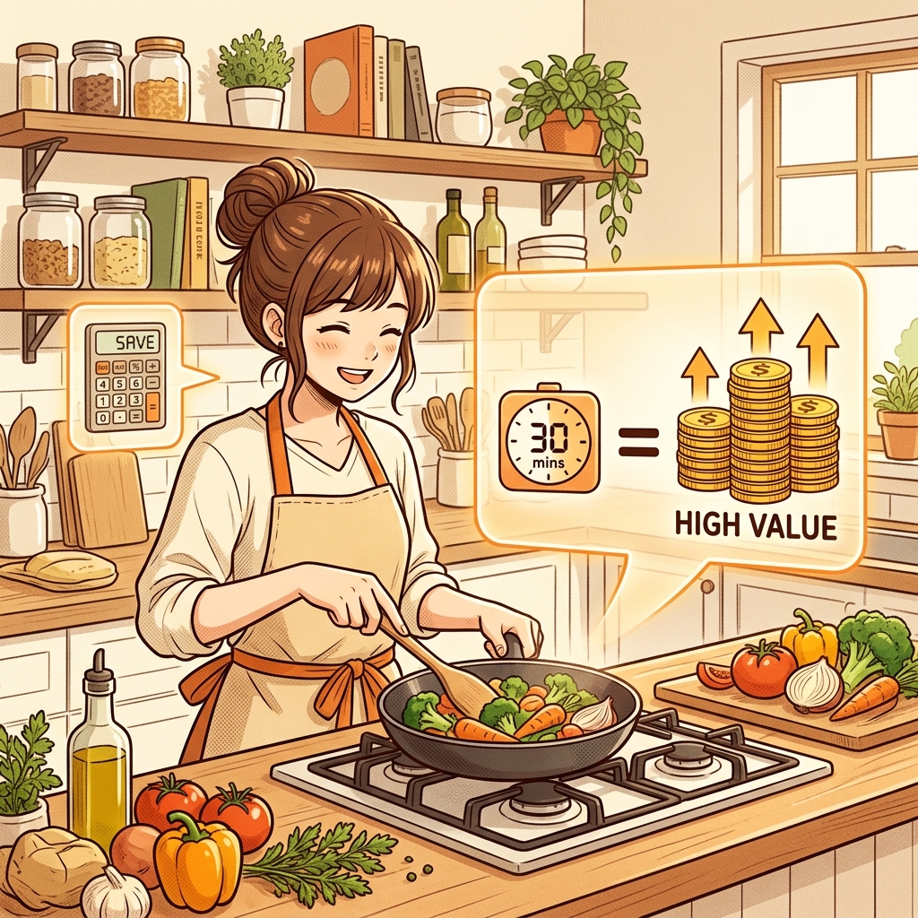 料理をする女性と、横に浮かぶ「30分＝高い価値」を示すコインや計算機のイラスト