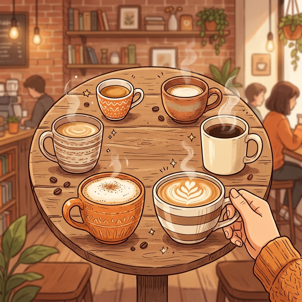 5つのコーヒーカップが並ぶカフェのイラスト