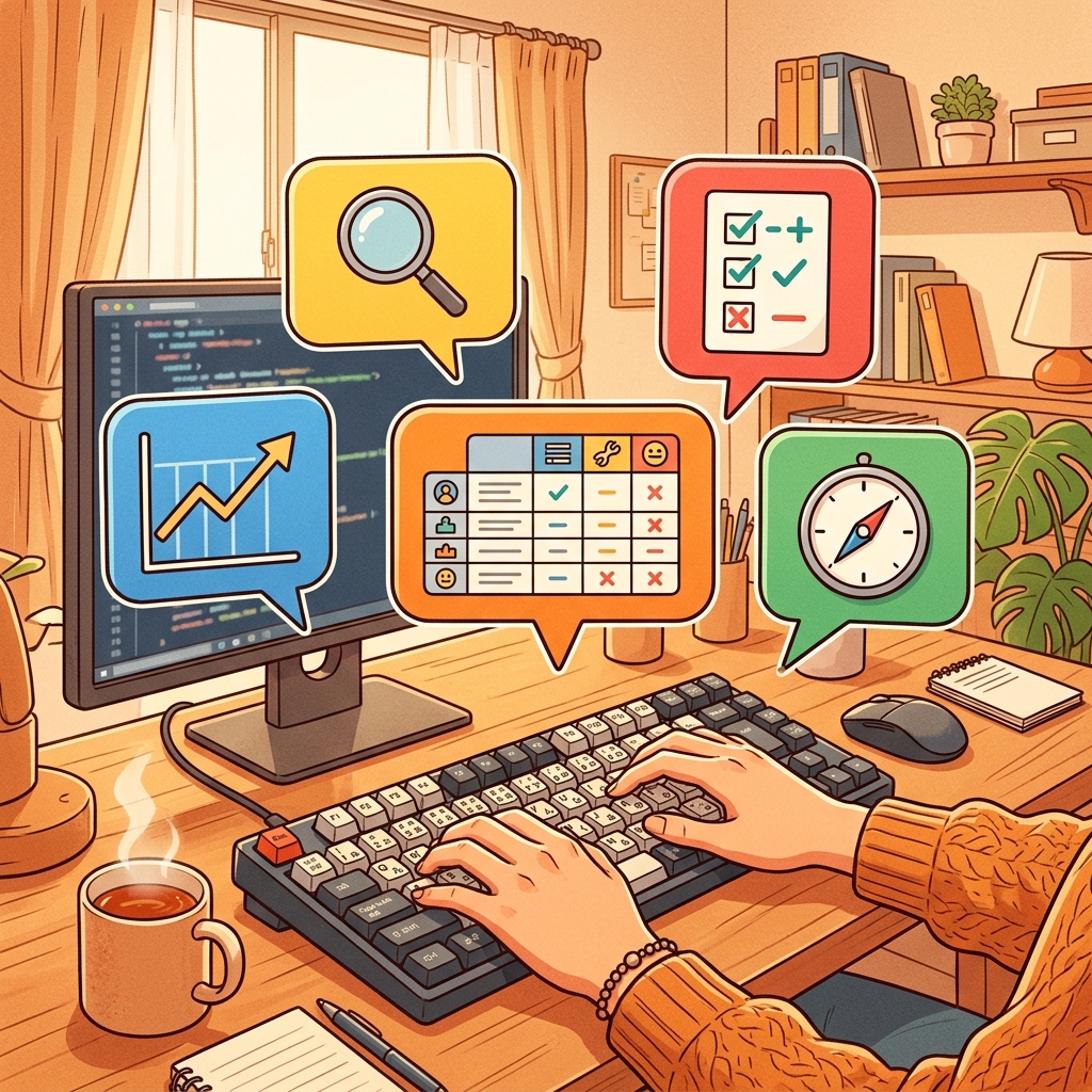 5つのカラフルなチャットバブルとキーボードを打つ手のイラスト