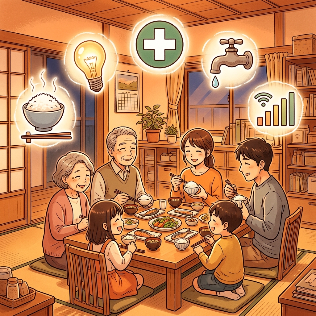 食事・電力・医療・通信など普遍的需要に囲まれた家族のイラスト