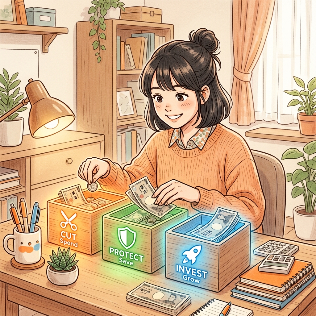 お金を削る・守る・攻めるの3つの箱に仕分ける人のイラスト