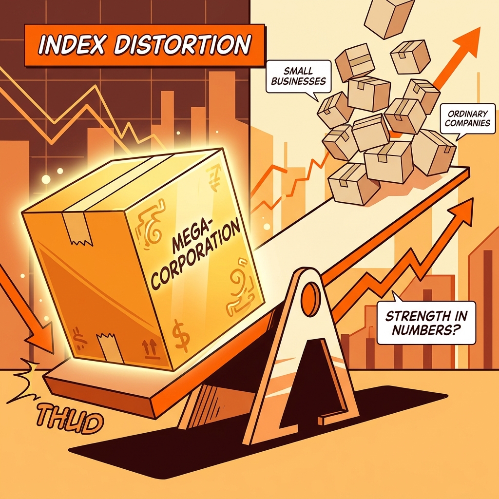 巨大企業が指数を押し上げるシーソーのイラスト