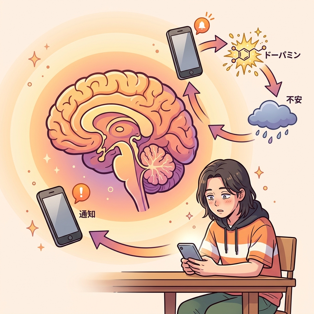 スマホ通知→ドーパミン→不安→再確認の依存ループを示す脳のイラスト