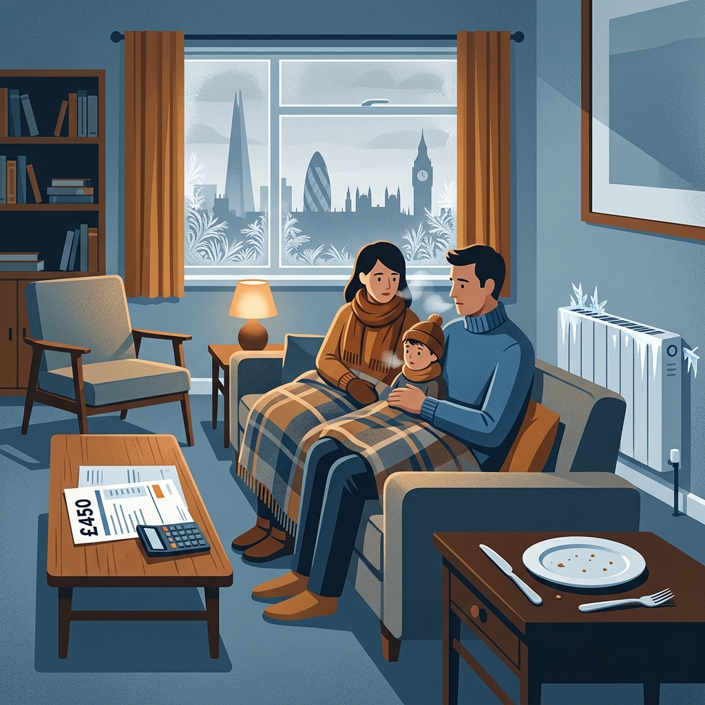 暖房を止めた部屋で寒さに耐えるイギリスの家族のイラスト