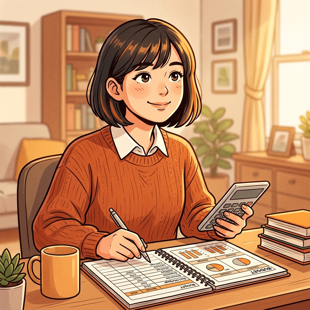 電卓と家計簿で防衛力を計算する人のイラスト