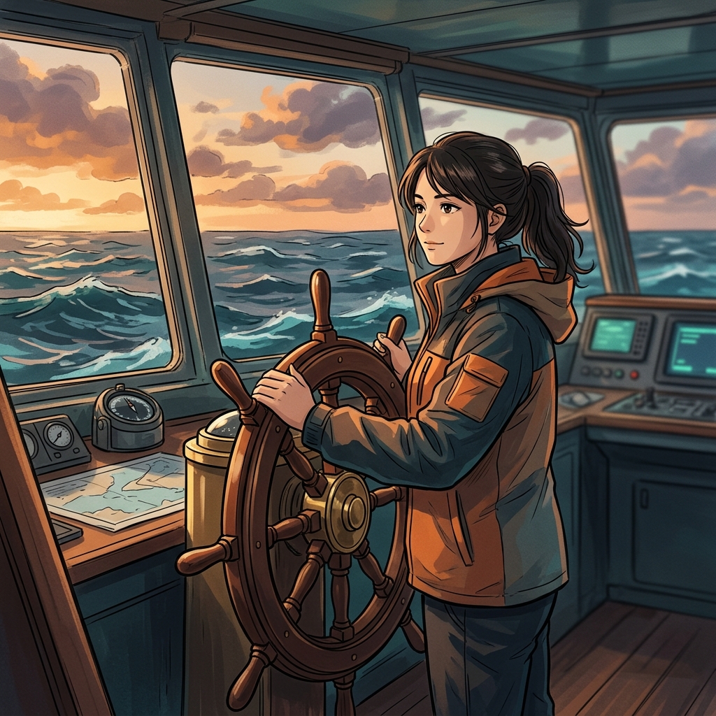 羅針盤と地図を見ながら、荒波の中でも力強く舵を握る船長のイラスト
