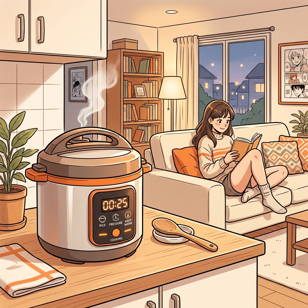 キッチンで自動調理家電が稼働し、奥のソファで読書をしてくつろぐ女性のイラスト