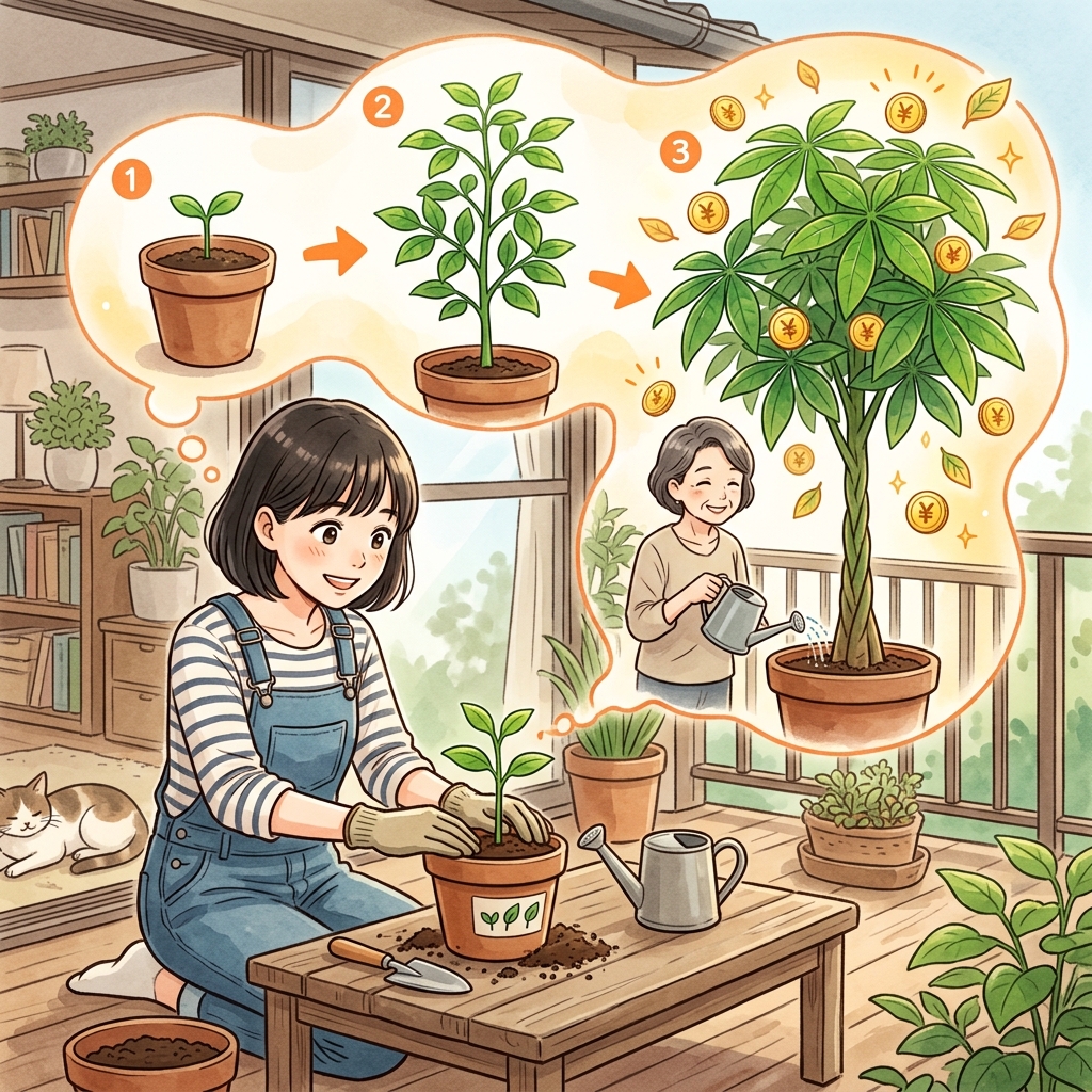 苗木を植え複利で育つマネーツリーを想像する人のイラスト