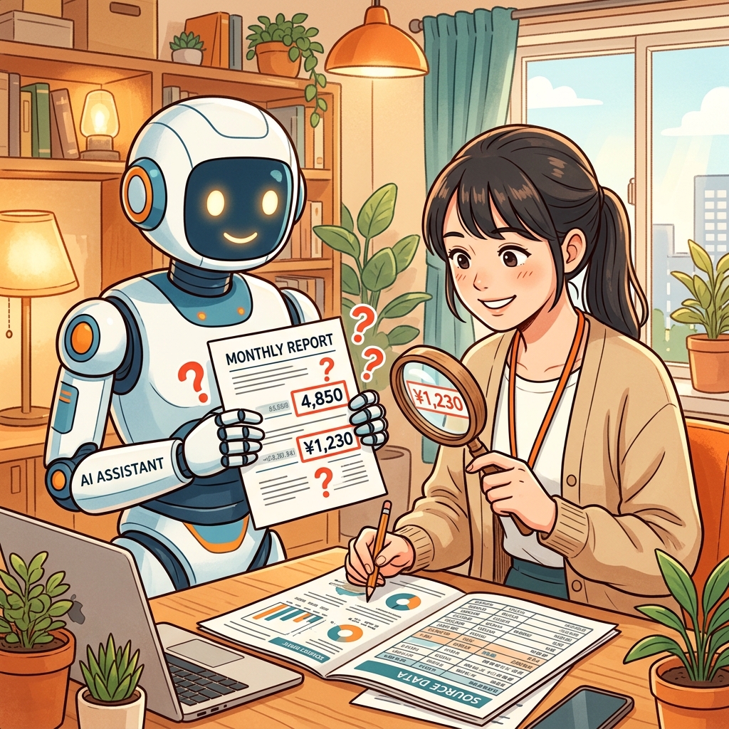 AIロボットのレポートを虫眼鏡でダブルチェックする人のイラスト