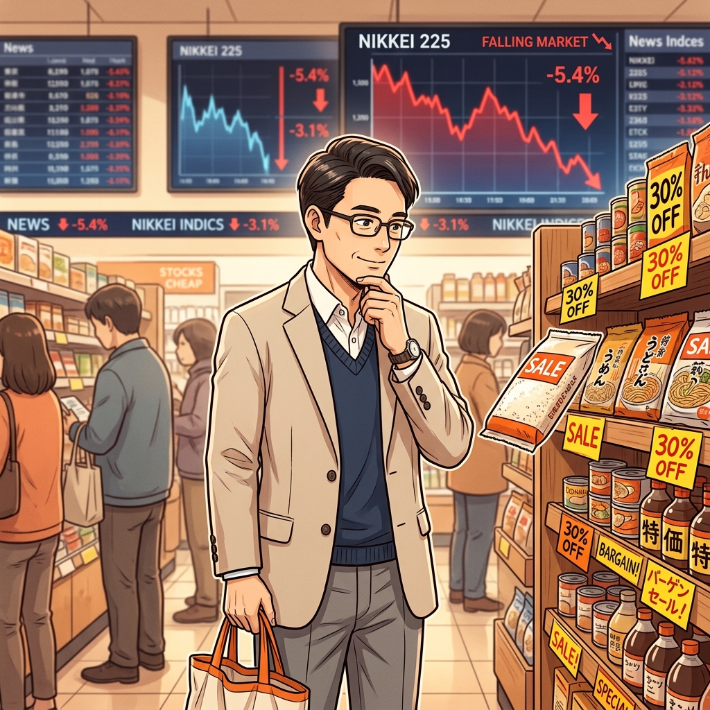 株価下落をバーゲンセールに見立てて冷静に眺める投資家のイラスト