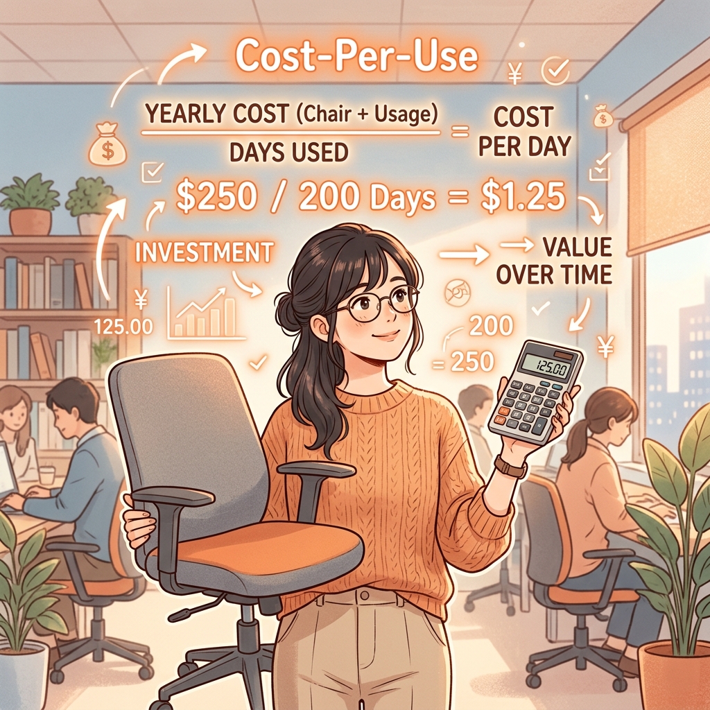 椅子のコストパフォーマンスを計算する人のイラスト