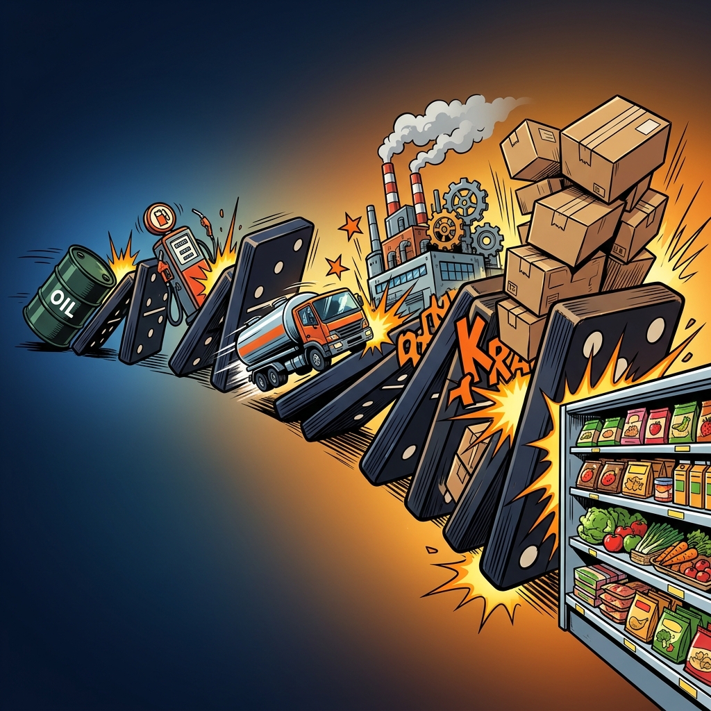 原油価格から食卓への影響のドミノ効果イラスト