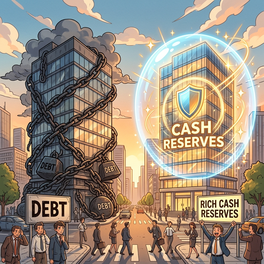 借金の鎖に縛られたビルと現金のバリアを持つビルのイラスト