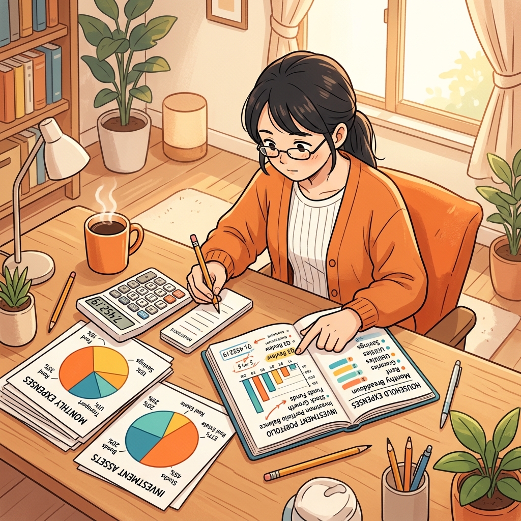 家計簿と株価チャートが書かれた設計図を広げ、作戦を練る人々のイラスト