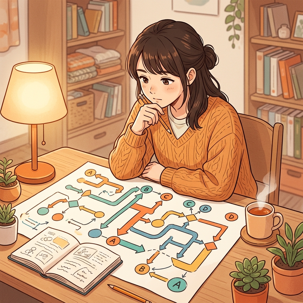 自宅の机でカラフルなチャートを見比べる人のイラスト