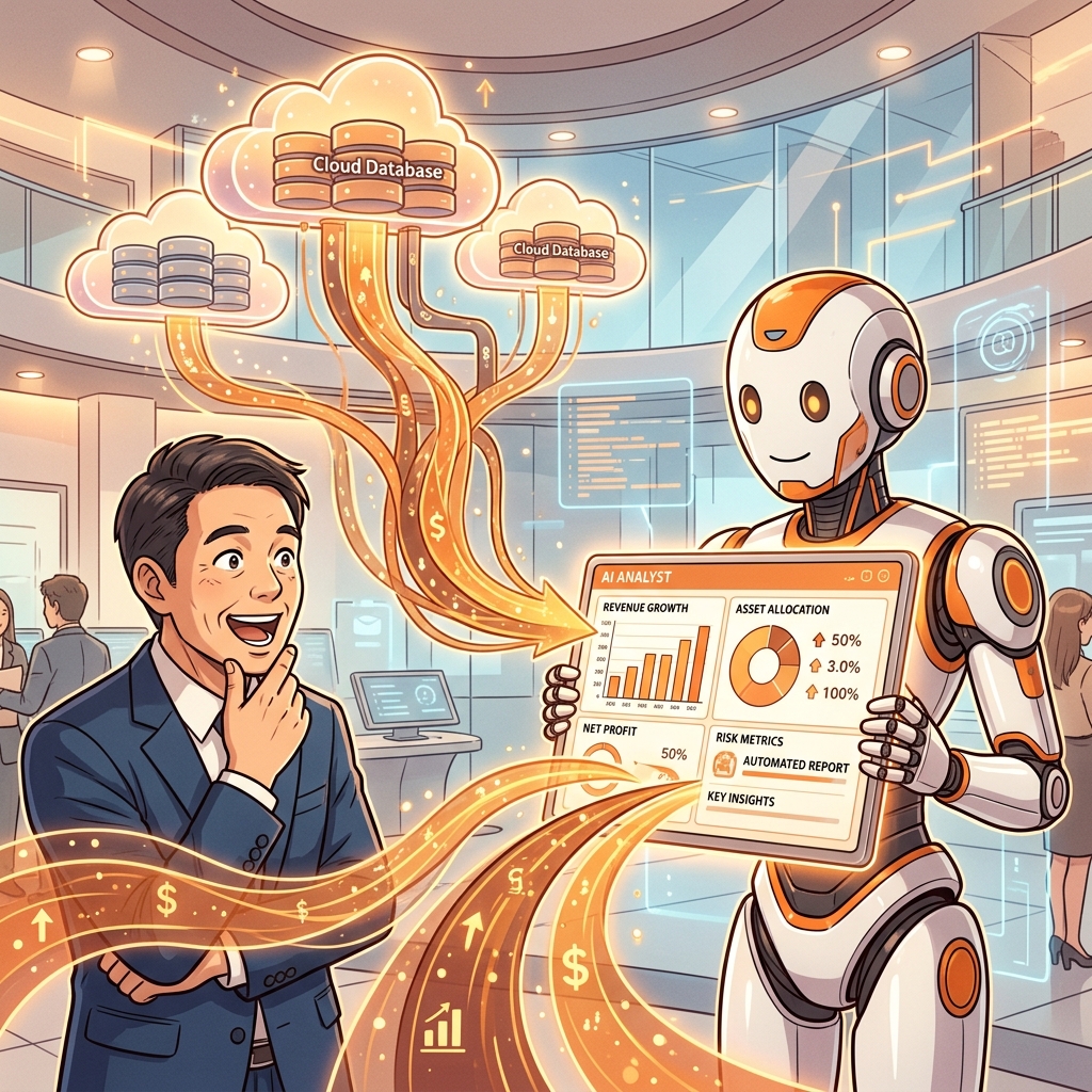 クラウドからデータが流れAIがダッシュボードを生成する未来的なイラスト