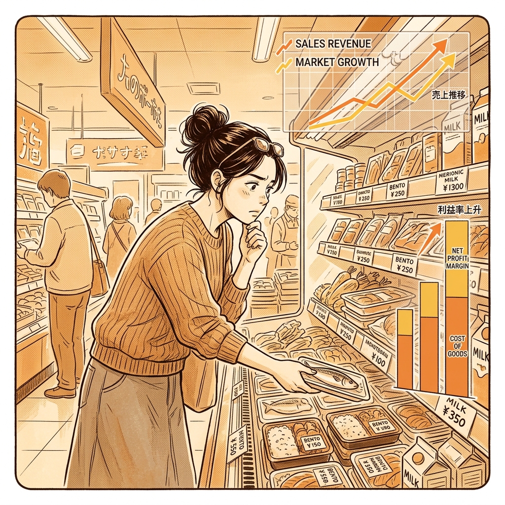 スーパーの値札を投資家のレンズで分析する人のイラスト