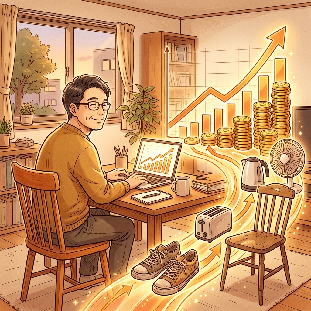 日用品が投資チャートに変化するイラスト