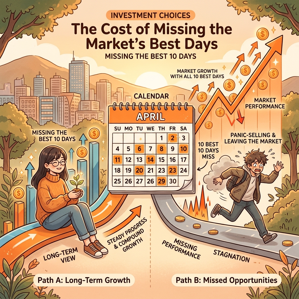 市場に居続けた人と逃げた人の投資リターン分岐を示すイラスト