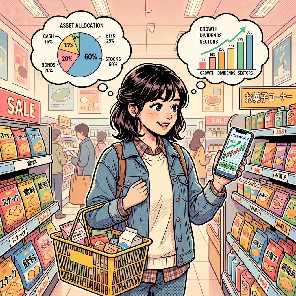 スーパーでセクター分析をするイラスト