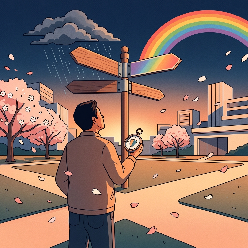 分岐点に立つ日本人と道標のイラスト