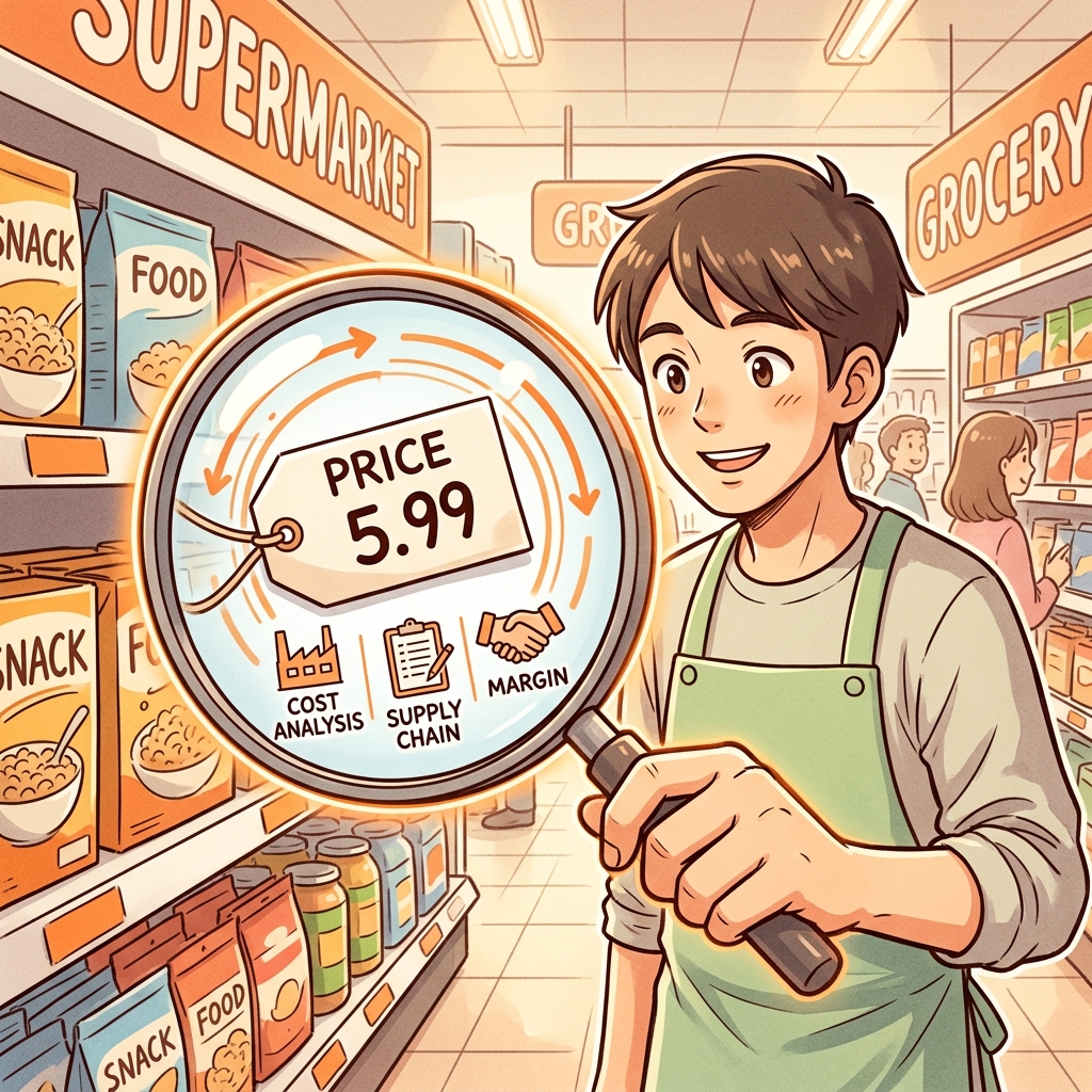 スーパーの商品価格を虫眼鏡で確認するイラスト