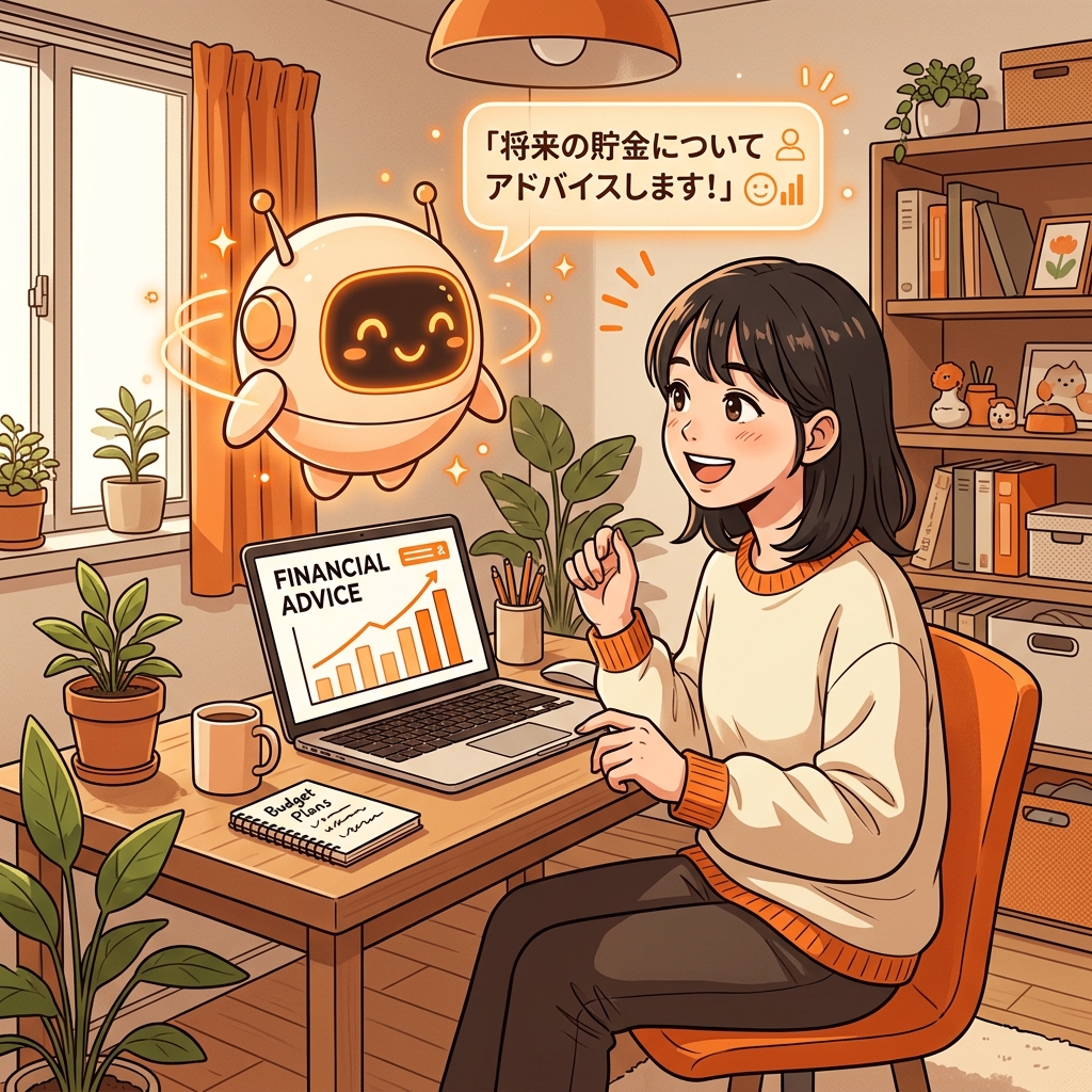 AIロボットと一緒に、ポートフォリオを分析しているイラスト