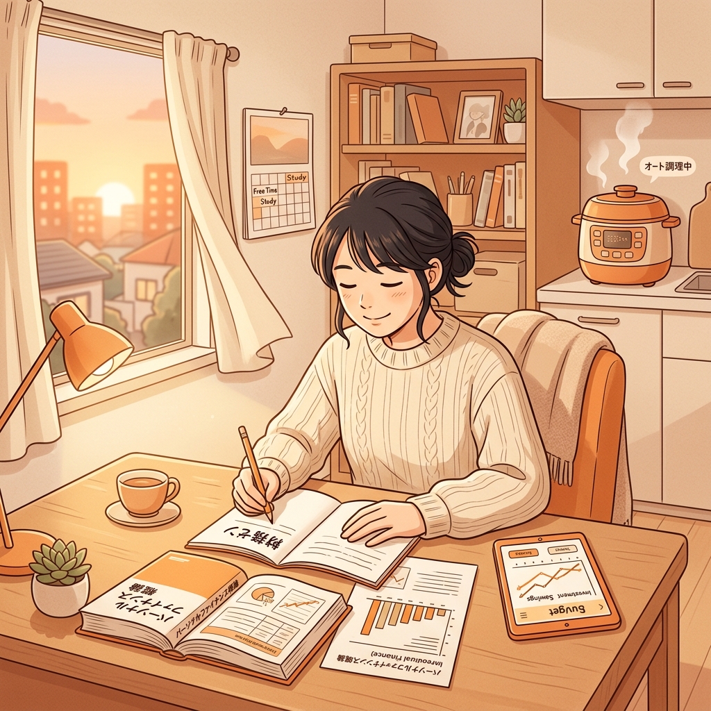 料理の合間に机に向かって投資の勉強をする、Financial Zenを感じさせる穏やかなイラスト