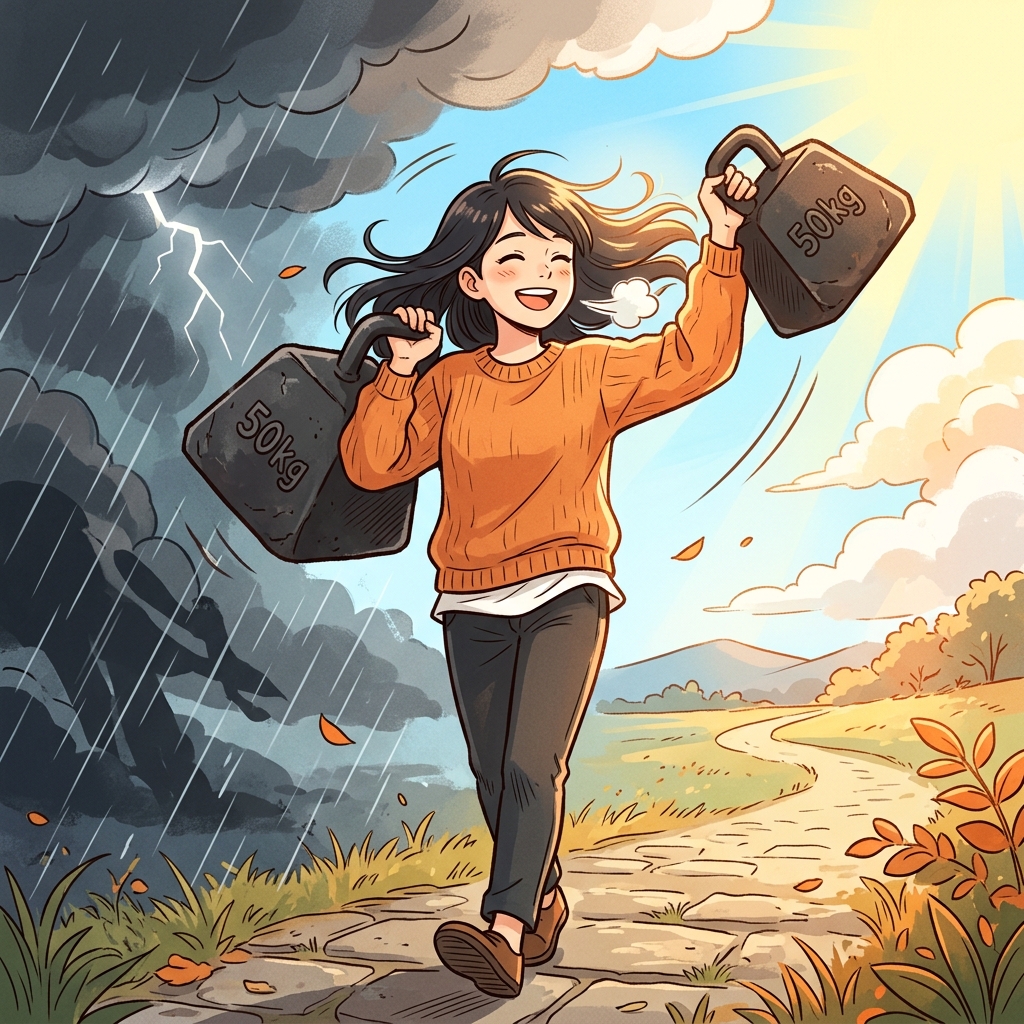 重りを外して嵐から晴天へ歩き出す人のイラスト