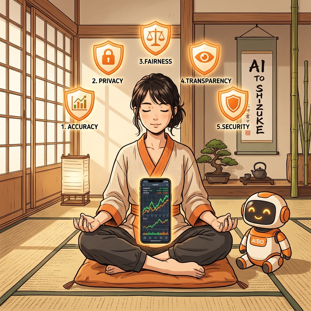 禅の空間で瞑想しながらAIロボットと共にいる人のイラスト